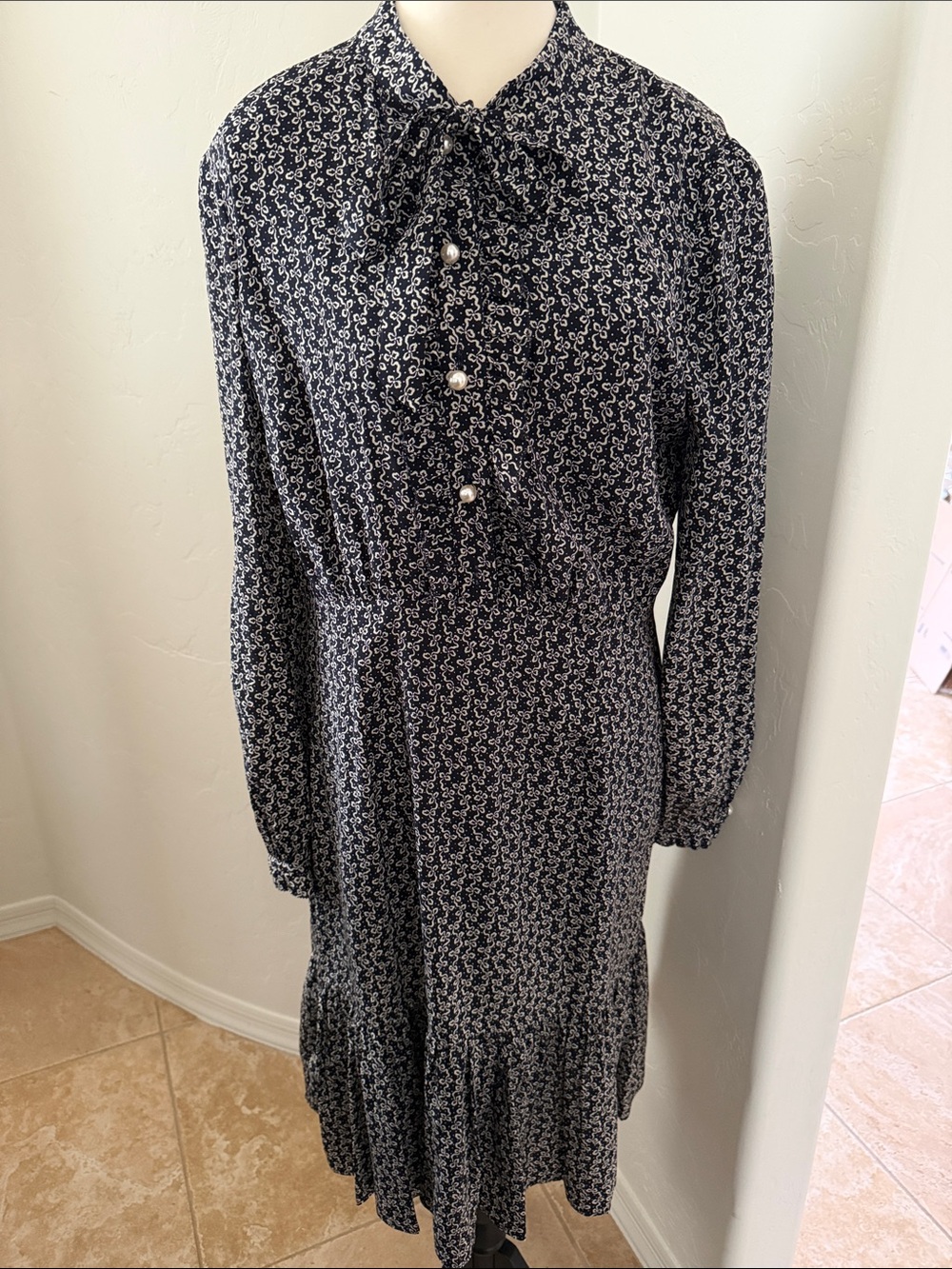 LK Bennett Black and White Printed Long Sleeve Midi Dress